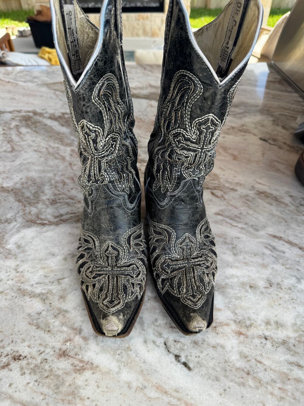 Corral Black Leather Cowboy Boots Cross Angel Wing Embroider Western Distressed